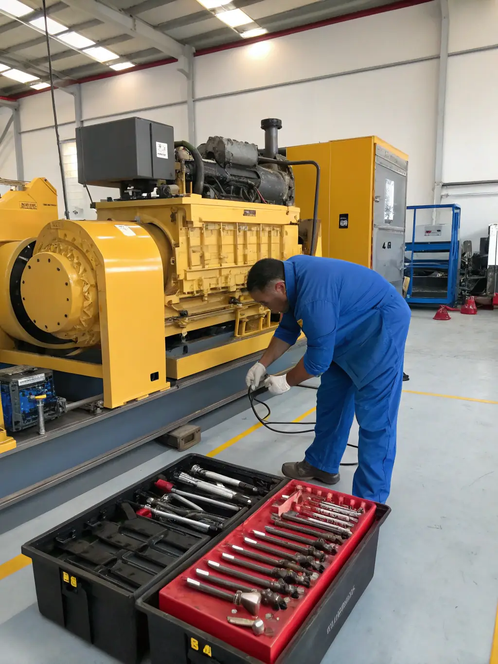 A high-resolution photograph depicting a Factory Genset technician meticulously inspecting a generator component with precision tools in a well-lit quality control lab.