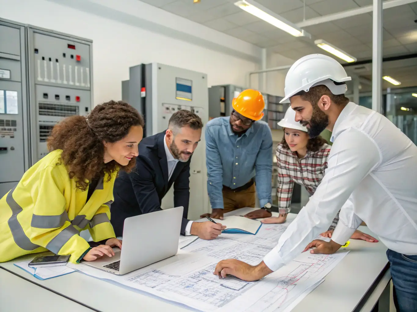 A high-resolution image showcasing Factory Genset's engineering team working on a custom generator design in a modern, well-lit facility. The team is focused and collaborative, emphasizing their expertise and attention to detail.