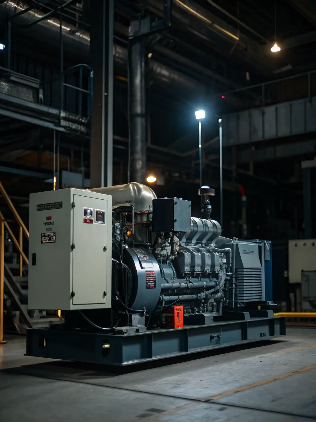 A photograph showcasing a generator undergoing load testing in a specialized testing facility, with digital readouts displaying performance metrics.