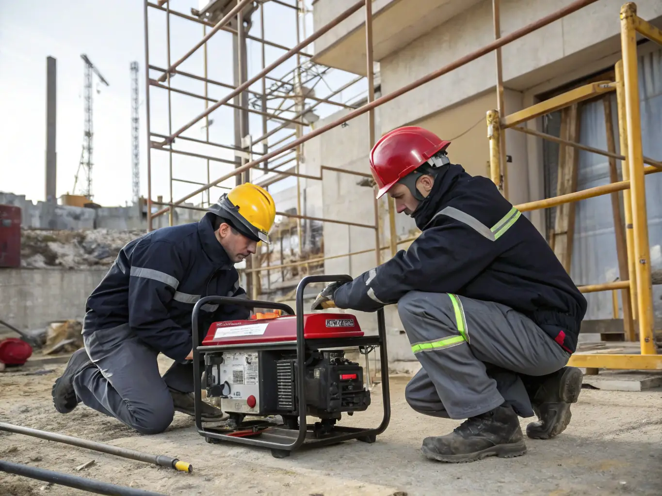 A photo of a Factory Genset support technician providing on-site maintenance and support for a generator at a client's industrial facility. The technician is professional and knowledgeable, demonstrating the company's commitment to customer service.
