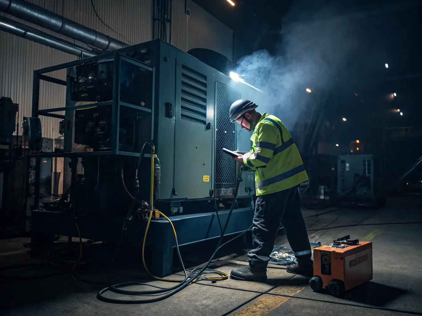 An image featuring a Factory Genset generator being rigorously tested in a controlled environment. The generator is connected to various monitoring devices, highlighting the company's commitment to quality and performance.